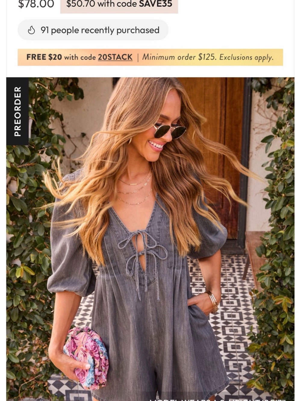 Washed Gray Tie-Front Romper